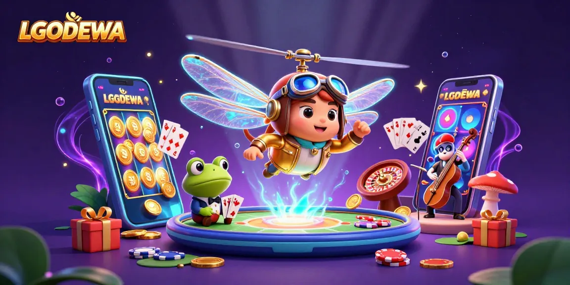 Experience gaming excitement at LGODEWA with a vibrant casino scene featuring dynamic characters and games.