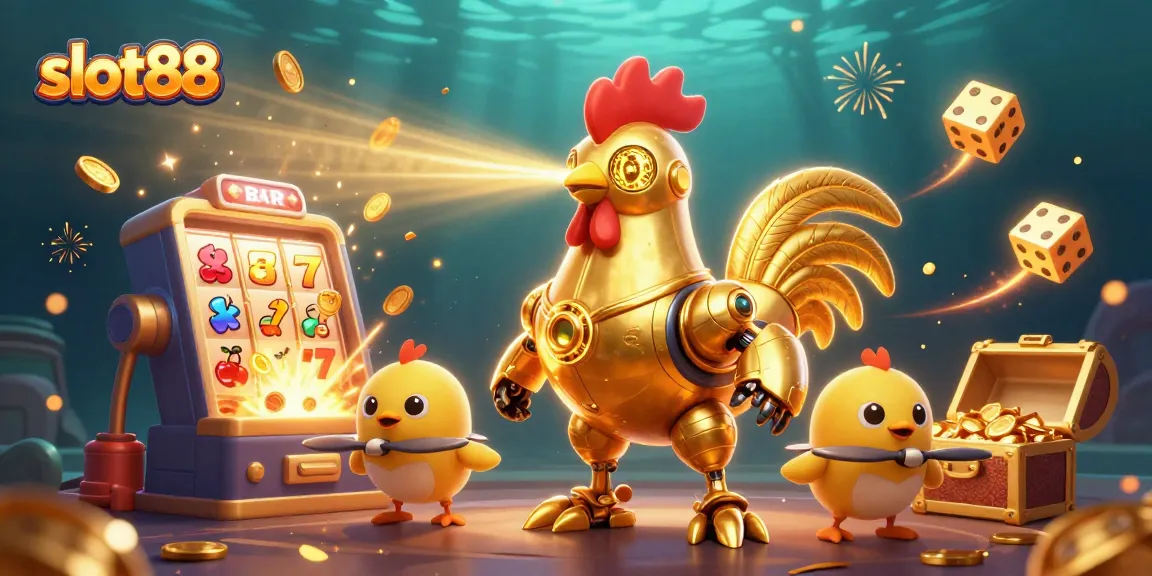 Slot88 menampilkan ayam robot emas dan drone anak ayam berlayar di dunia slot.