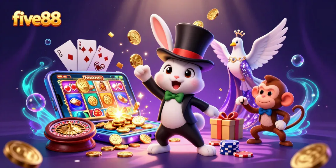 Experience the magic of five88 with a captivating casino scene, showcasing a magician rabbit, dove, and monkey amid vibrant gaming elements.