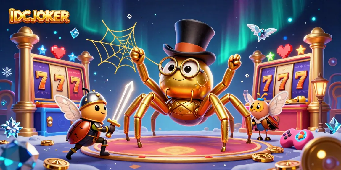 IDCJOKER unveils a rich casino adventure with a golden tarantula, beetle knight, and vibrant slot reels.