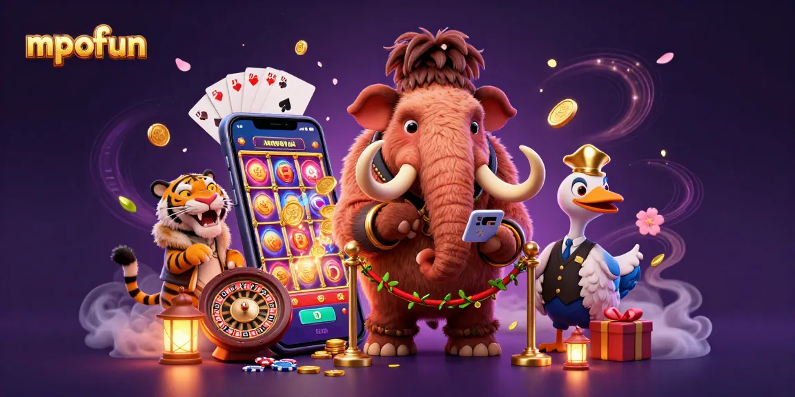 Engage in mpofun at this vibrant casino scene with thrilling slot games, characters, and dynamic elements.