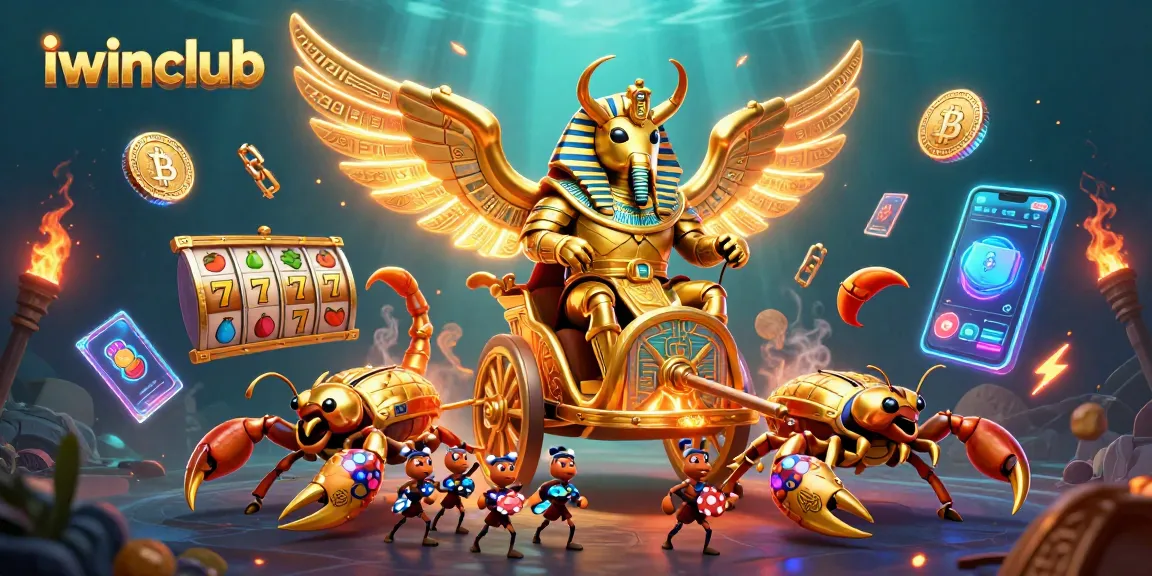 Experience thrilling games at iwinclub with a vibrant casino scene featuring slot reels and crypto elements.