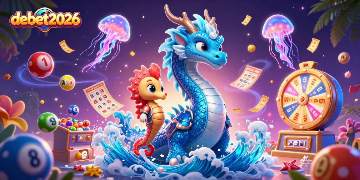 Engage with debet2026's vibrant gaming scene filled with lottery balls, bingo, and a dazzling dragon.