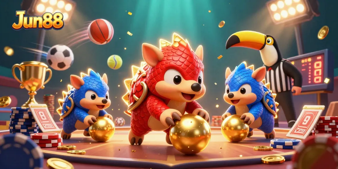 Engage in thrilling gaming strategies with Jun88, featuring colorful pangolins in a vibrant casino setting.