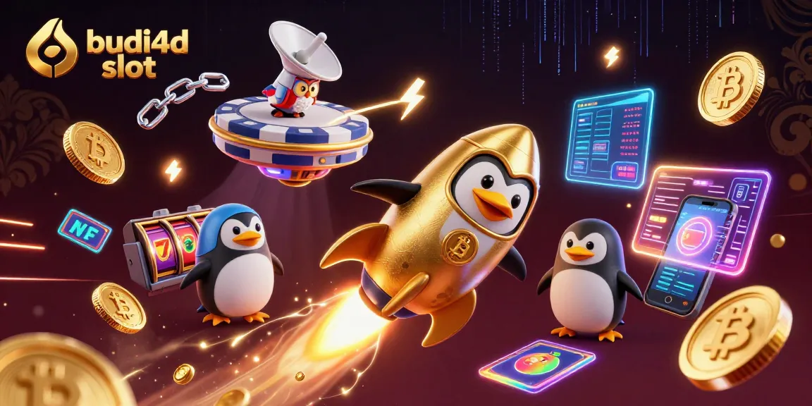 Launch into the world of budi4d slot with a golden penguin and coins flying through a vibrant casino space.