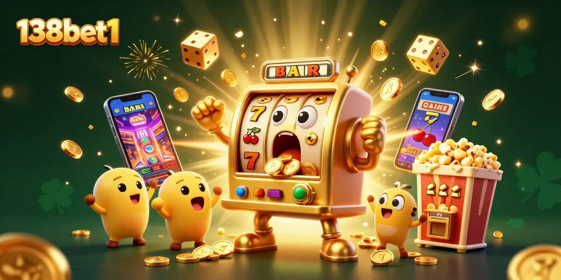 Win big with 138bet1 while watching a vibrant 3D slot machine character celebrating jackpot triumph.