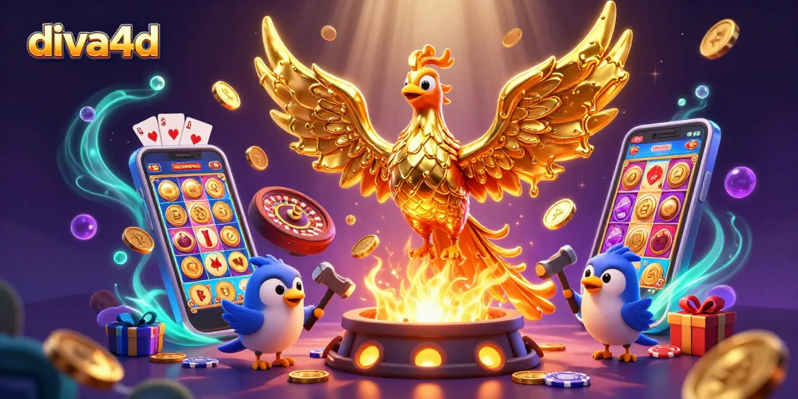 Menggali pengalaman bermain togel online di diva4d dengan ilustrasi phoenix emas dan elemen kasino yang menarik.