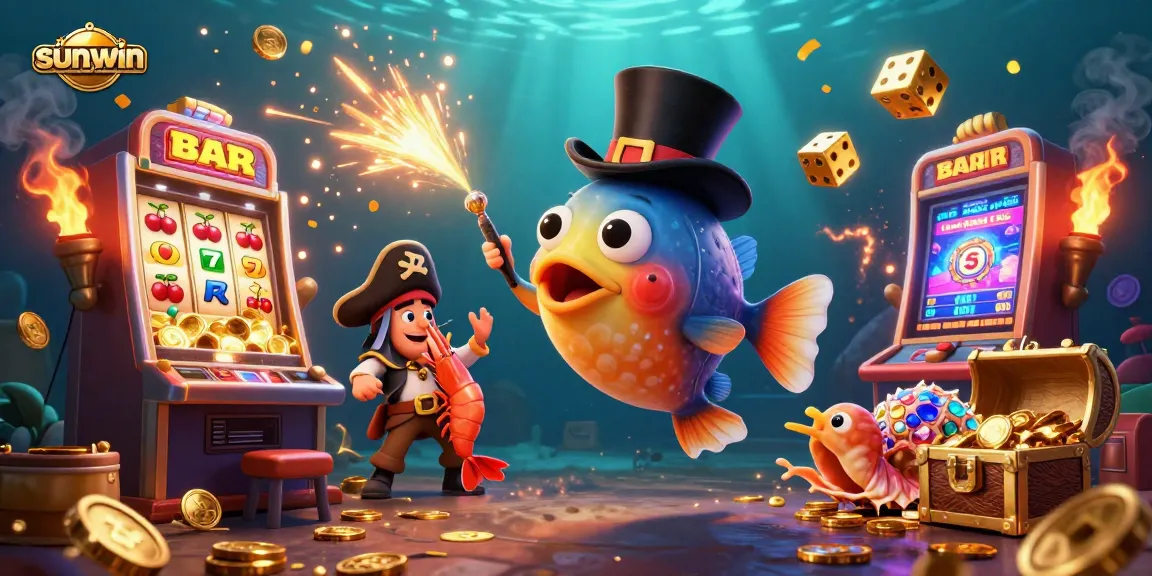 Capture the excitement of sun-win with a vibrant underwater casino scene featuring an anglerfish and golden treasures.