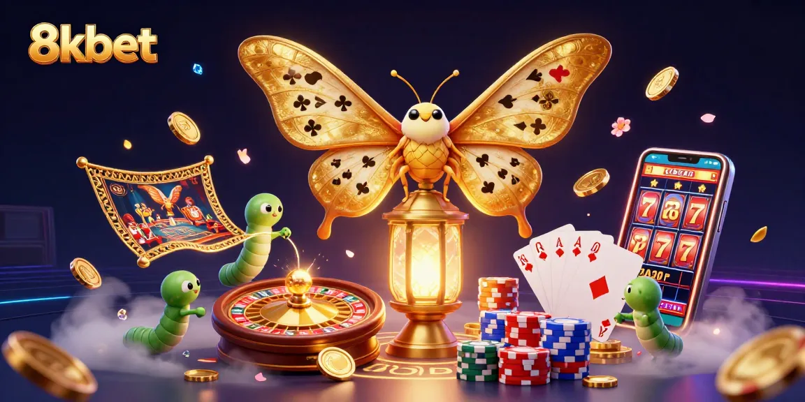 Experience excitement at 8kbet with vibrant casino scenes featuring animated moths and rich game elements.