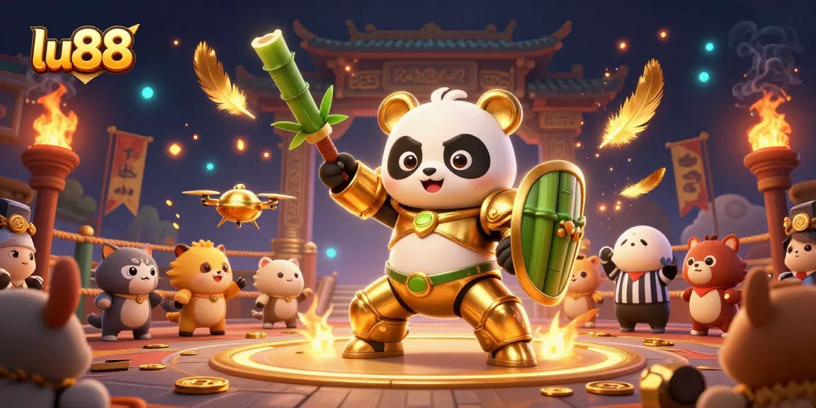 Experience thrilling action at lu88 with an electrifying 3D casino battle featuring a golden panda and bamboo robot.