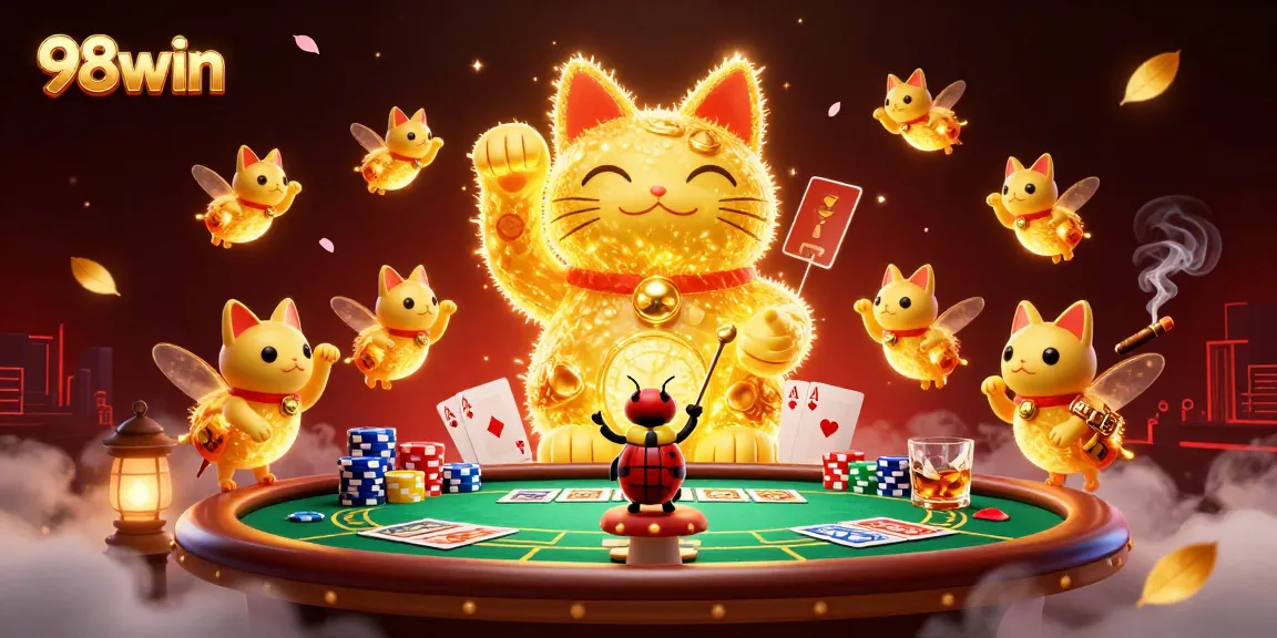 Catch excitement with 98win as golden fireflies form a lucky cat amidst vibrant casino symbols.