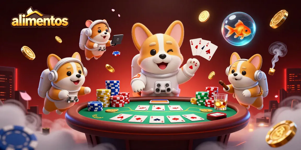 Alimentos bertajuk permainan kasino dengan koin emas dan keripik poker mengalir di ruang angkasa.