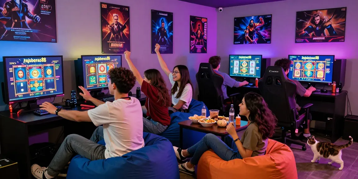 Friends enjoying an exciting gaming session on rajaberas88 online slots, vibrant atmosphere and snacks