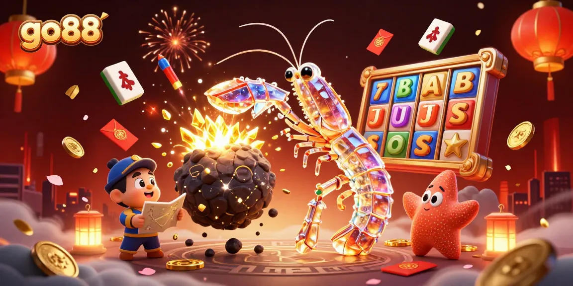 Win big at go88 with a dazzling 3D illustration of the galactic mantis shrimp amidst slot reels and gold coins.