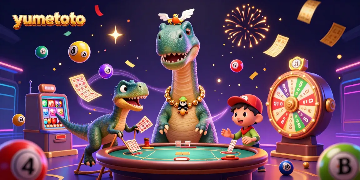 Engage in Yumetoto's thrilling world with a vibrant 3D casino scene illustrating dynamic lottery elements and characters.