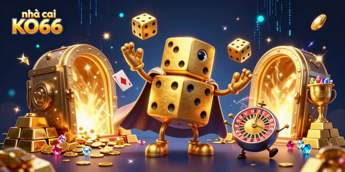 Experience the excitement of nhà cái KO66 with vibrant 3D casino elements, golden treasures, and dynamic gambling characters.