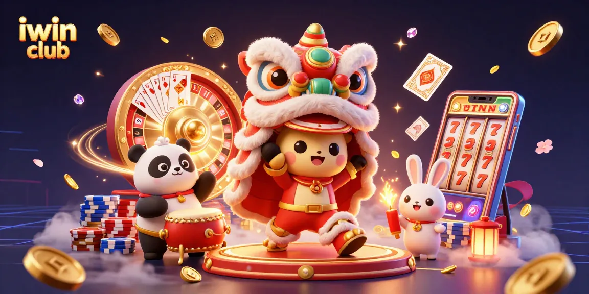Engage with iwin club's thrilling casino games with a vibrant lion dance illustration.