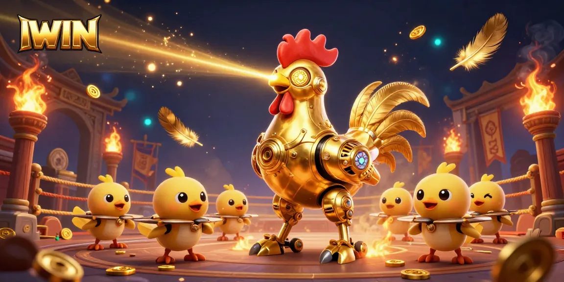 IWIN presents a vibrant 3D illustration showcasing a golden rooster robot and baby chick drones in a dynamic casino scene.