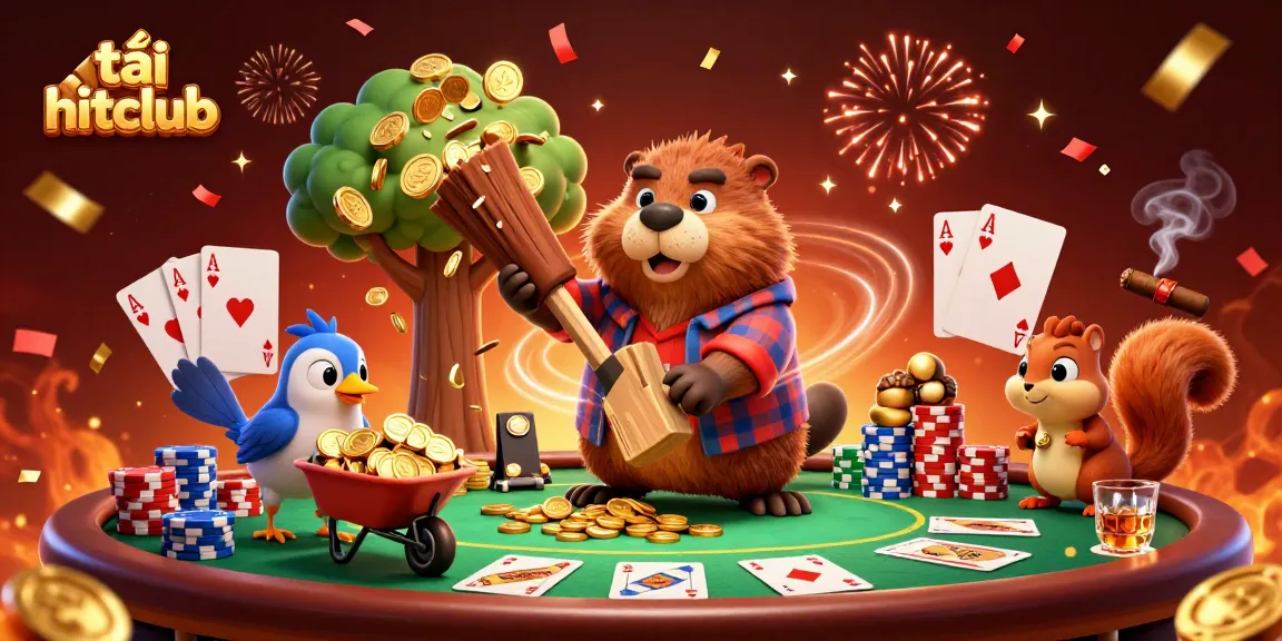 Stack up golden coins with tải hitclub while a beaver, bird, and squirrel celebrate in a vibrant casino scene.