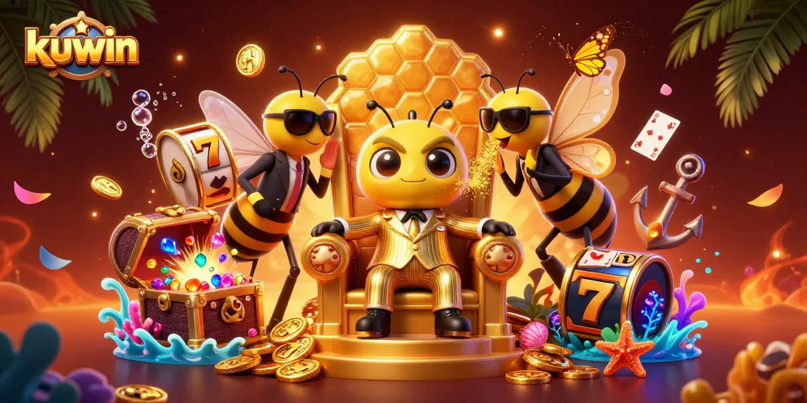 Kuwin offers thrilling slots action with vibrant gaming elements in a lively casino illustration.