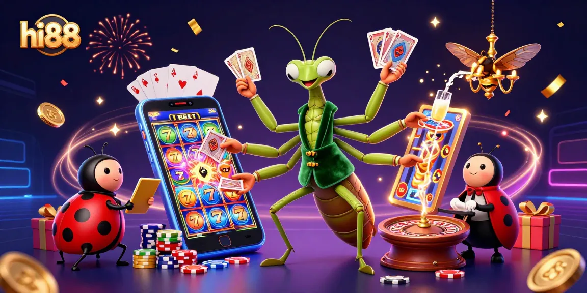 Engage with hi88's vibrant casino scene featuring a mantis card sharp and ladybug pit boss amidst slot games.