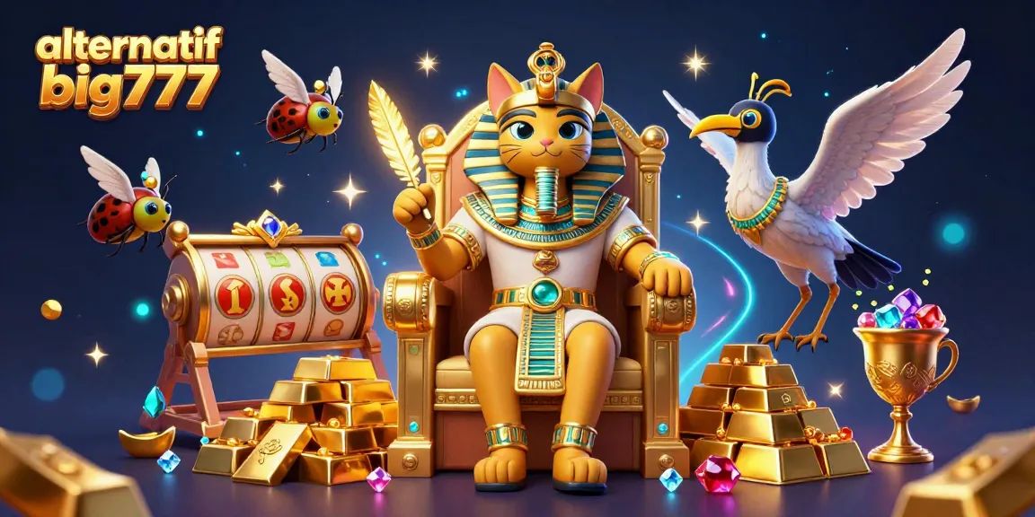Experience the thrill of alternatif big777 with a captivating 3D illustration featuring Egyptian motifs and casino elements.