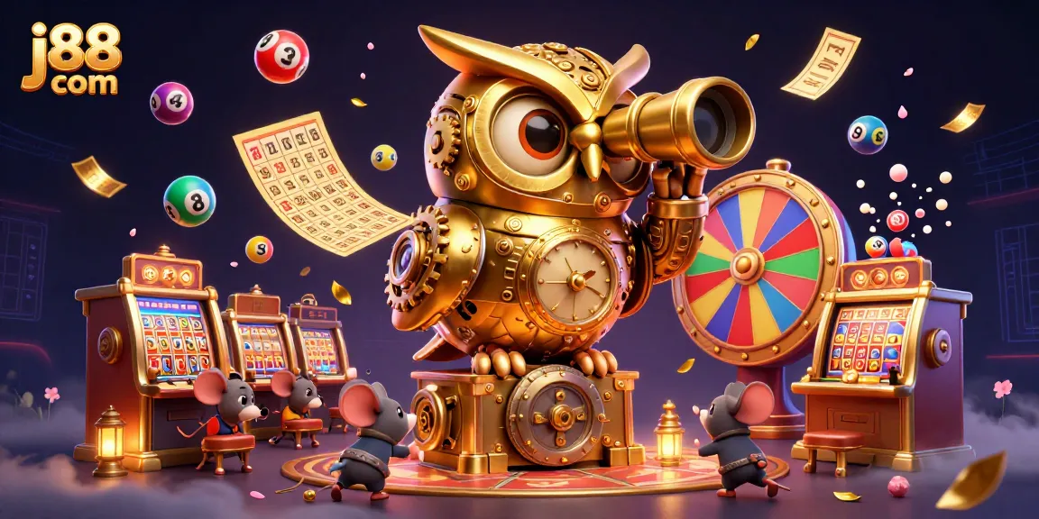 Engage with thrilling gameplay at j88 com featuring dynamic elements like colorful lottery balls and a whimsical clockwork owl.