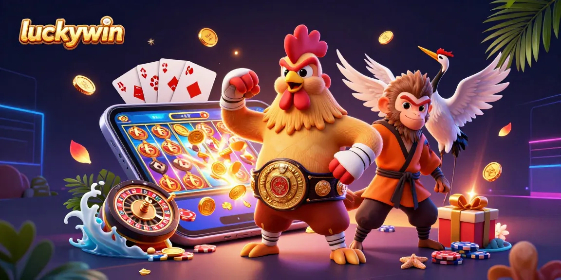 Engage with luckywin's vibrant 3D illustration, showcasing casino excitement with dynamic characters and game elements.