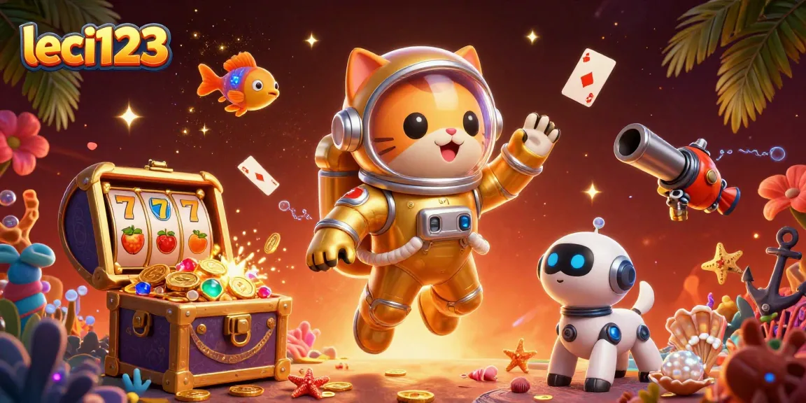 Leci123 menghadirkan gambar ilustrasi 3D dinamis dengan karakter kucing astronaut dan anjing robot, serta elemen permainan slot yang mengesankan.