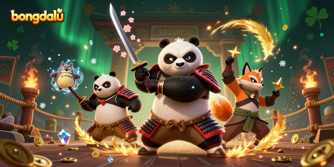 Bongdalu sports betting highlighted by a fierce panda and fox in action-packed gambling scene.