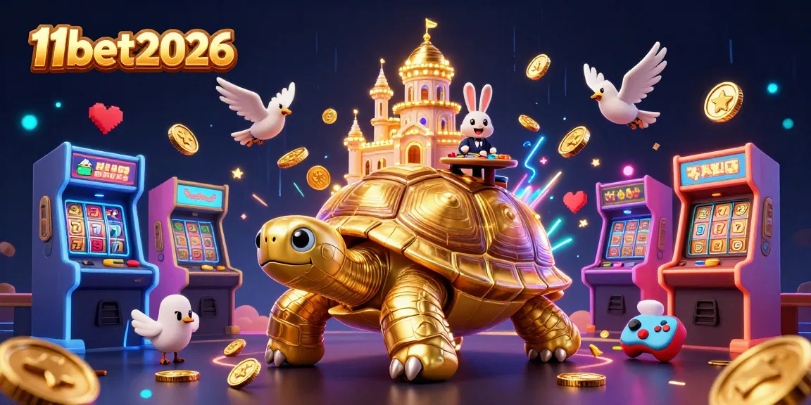 Experience the excitement at 11bet2026 with a vibrant 3D casino illustration featuring a golden tortoise and a rabbit dealer.