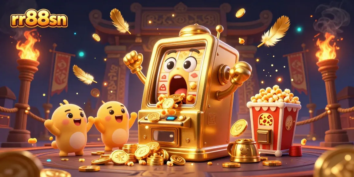 Experience the excitement of rr88sn as the golden slot machine hits a jackpot, surrounded by cheering characters.