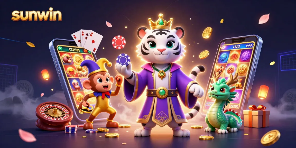 Play the captivating games at sunwin with an elegant white tiger and golden monkey amidst vibrant casino elements.