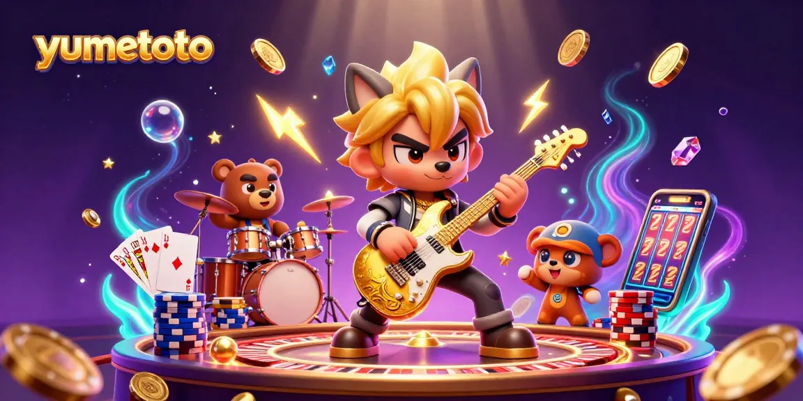 Experience gambling with yumetoto, featuring lively characters and casino elements in a vibrant scene.