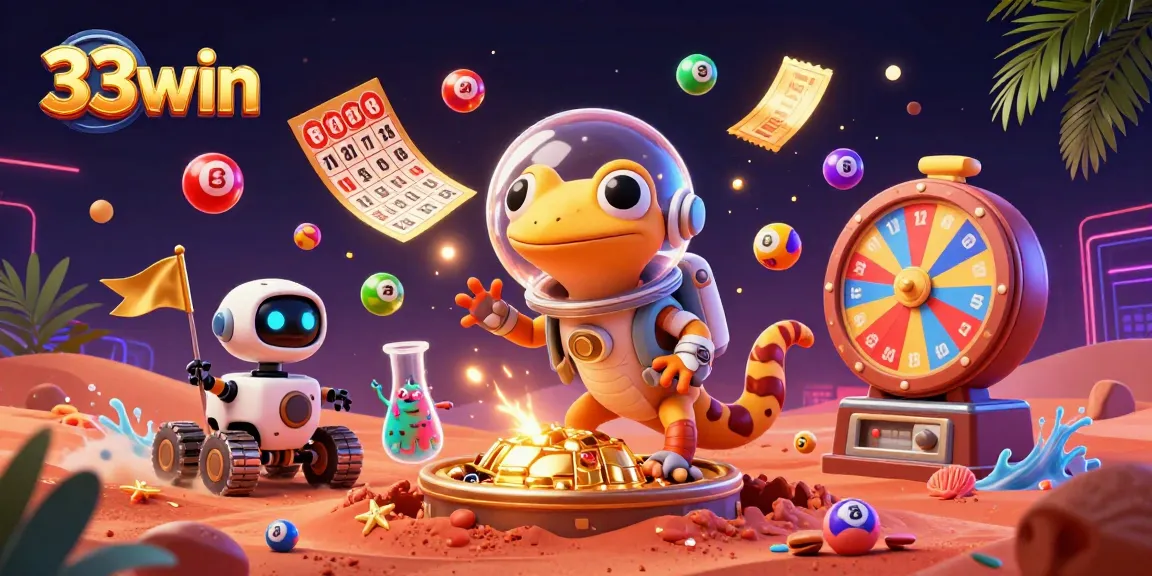 Experience the excitement of 33win with playful aliens discovering a golden casino amidst a vibrant, dynamic scene.