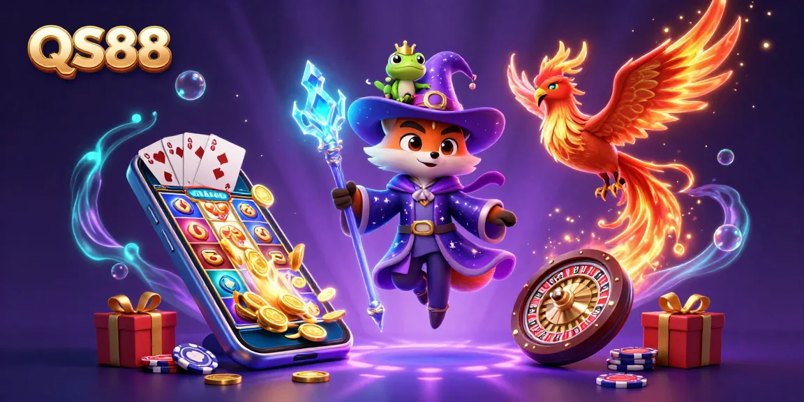 Experience thrilling gaming with QS88, showcased by a vibrant illustration of casino elements and magical characters.