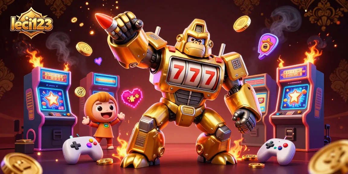 Engage with leci123's dynamic golden gorilla mech amidst vibrant slots and arcade elements.