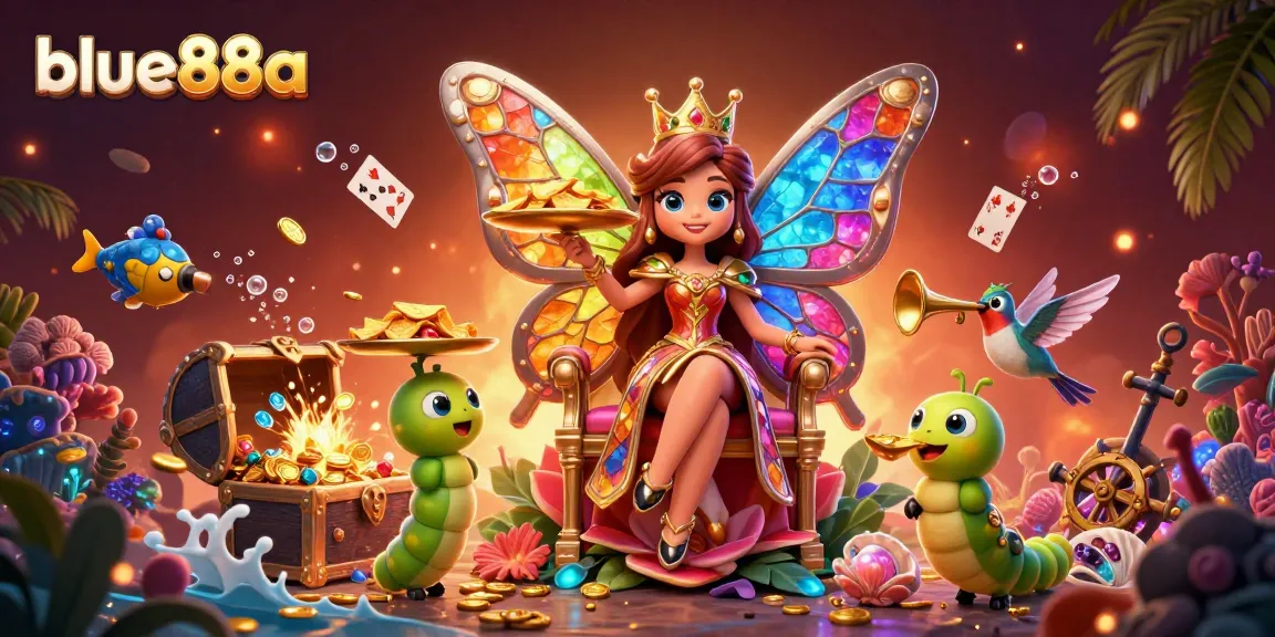 Spin wins and colorful gems at blue88a, with a butterfly queen and cheerful chip-carrying caterpillars.