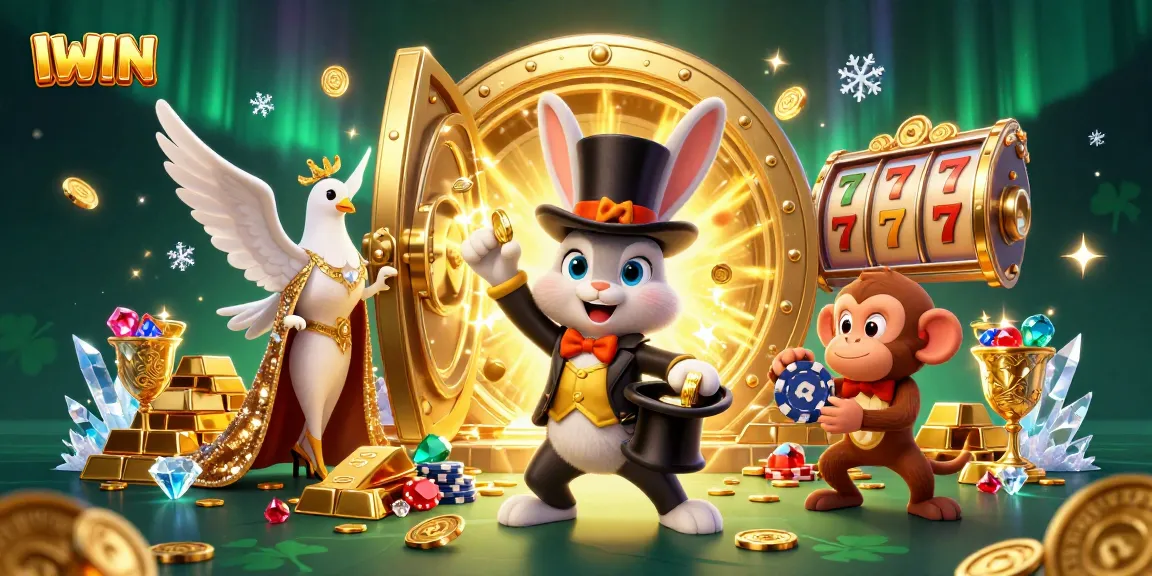 Spin the reels with IWIN's magical atmosphere, featuring a whimsical rabbit and casino treasures.