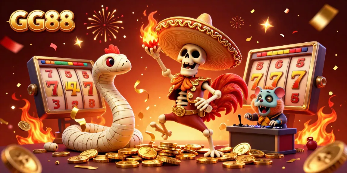 Join the excitement with GG88 as the animated characters celebrate in a vibrant online casino scene filled with golden coins and festive elements.
