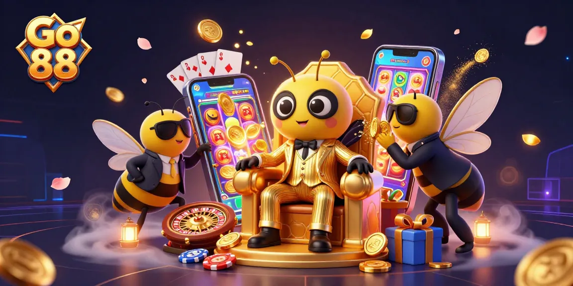 Win big at Go 88 with immersive slot games, a lively bumblebee mob boss, and vibrant casino elements.