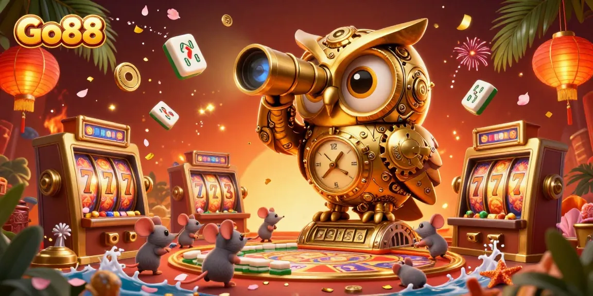 Go88 players spin the reels among a vibrant casino scene filled with golden details and lucky symbols.
