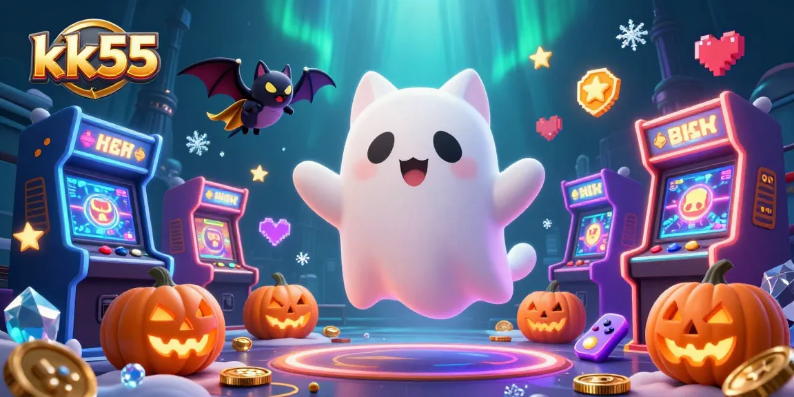 Engage in thrilling games at kk55, where a friendly ghost cat explores a vibrant casino.