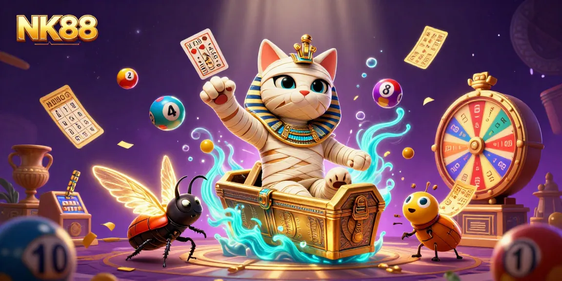 Engage with NK88's thrilling lottery adventure featuring animated Egyptian characters and dynamic game elements.