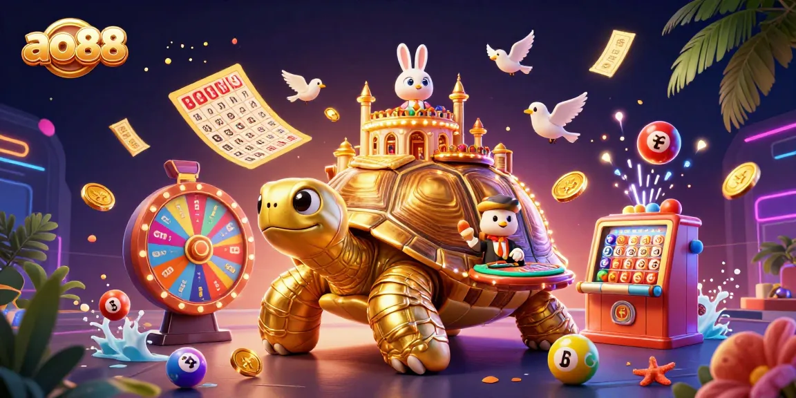 Join the action at ao88 as birds fly with coins around a golden tortoise casino palace.