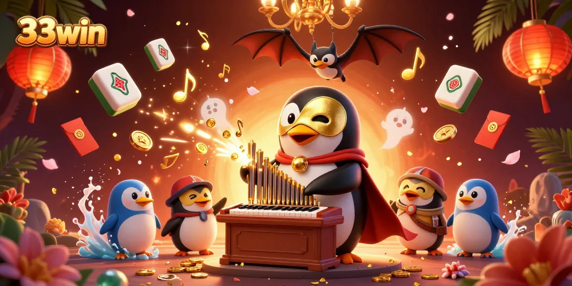 Join 33win in a vibrant 3D casino scene with a penguin playing an organ, showering coins!
