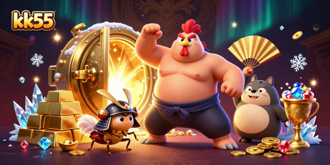 kk55 engages players with a dynamic, colorful online casino scene featuring unique characters.