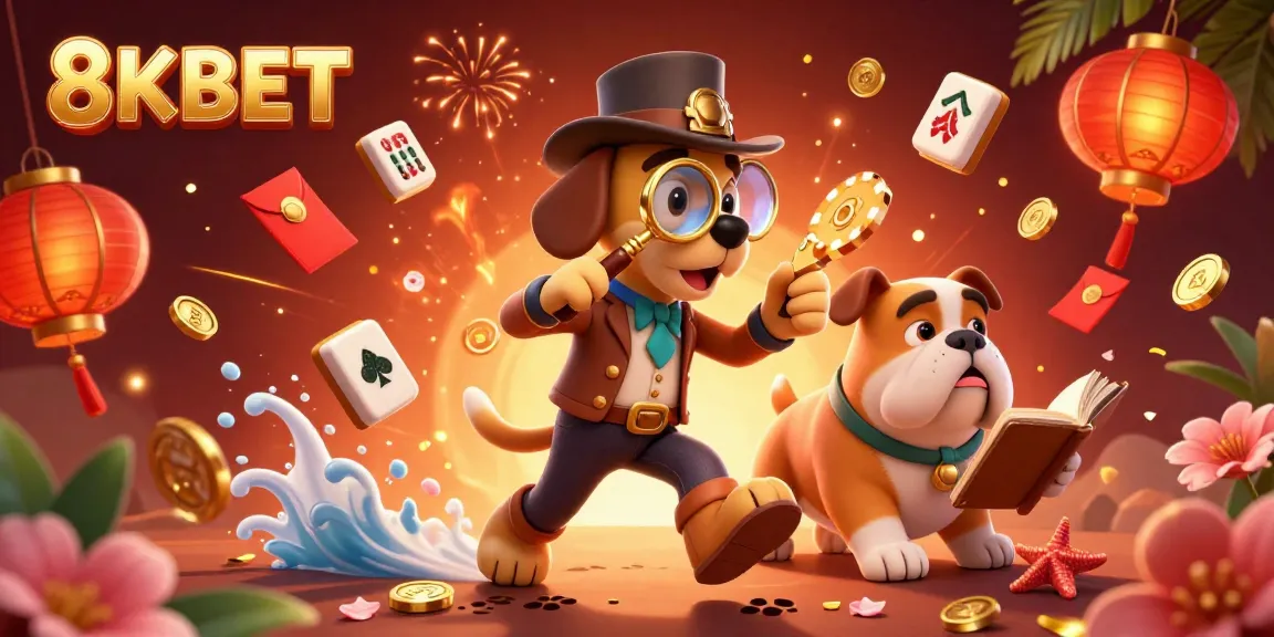 Engage with 8KBET as a cartoon detective and bulldog unveil casino treasures in this vibrant scene.