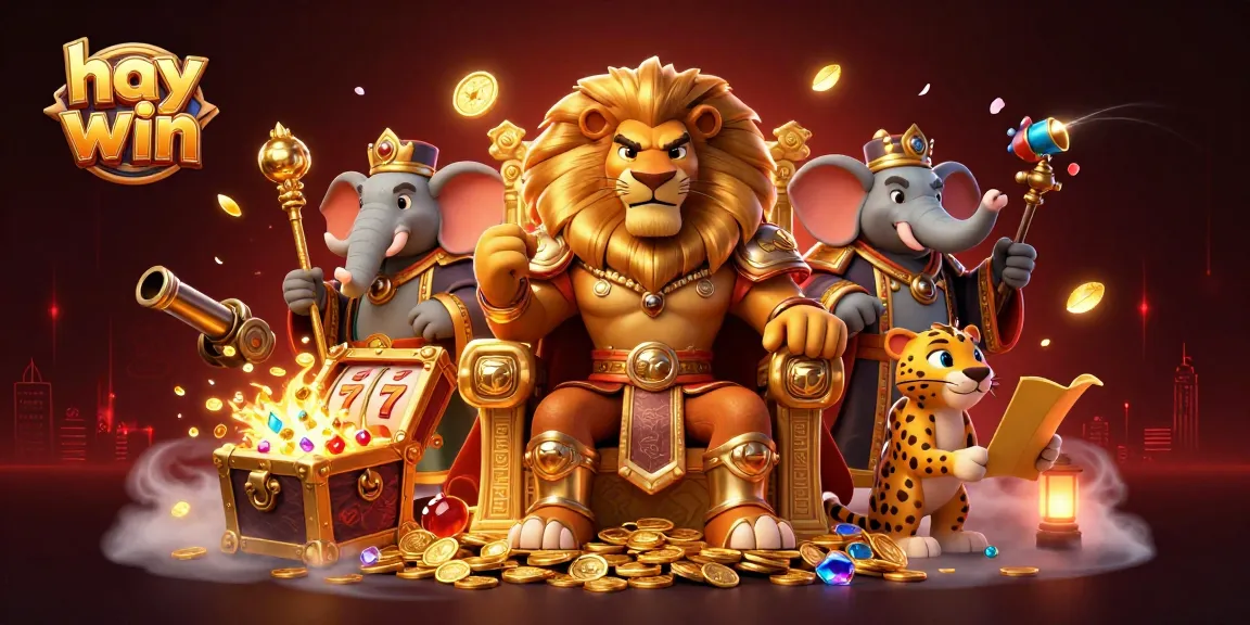 Experience thrilling games at hay win with a lion king celebrating around treasures and slot reels.