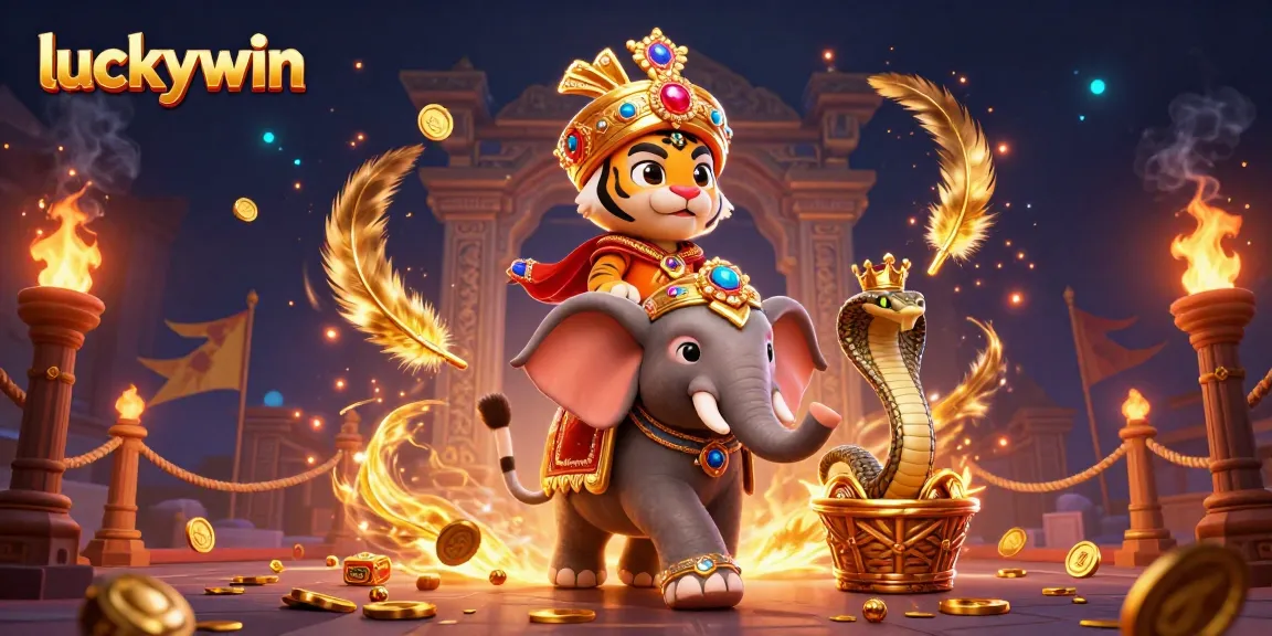Experience luckywin's thrill with a vibrant 3D scene depicting a maharaja tiger and his golden elephant.